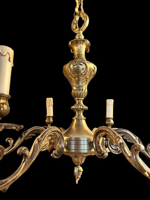 FRENCH HEAVY BRASS SIX LIGHT ANTIQUE CHANDELIER - ADDITIONAL PHOTO 3