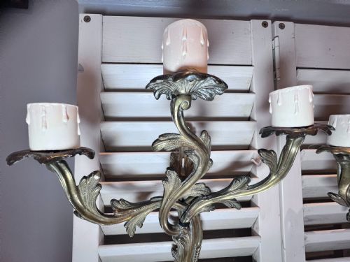 TWO FRENCH TRIPLE ARM GILDED ANTIQUE BRASS WALL LIGHTS - ADDITIONAL PHOTO 2