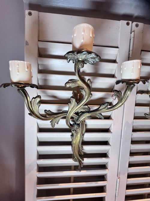 TWO FRENCH TRIPLE ARM GILDED ANTIQUE BRASS WALL LIGHTS - ADDITIONAL PHOTO 3
