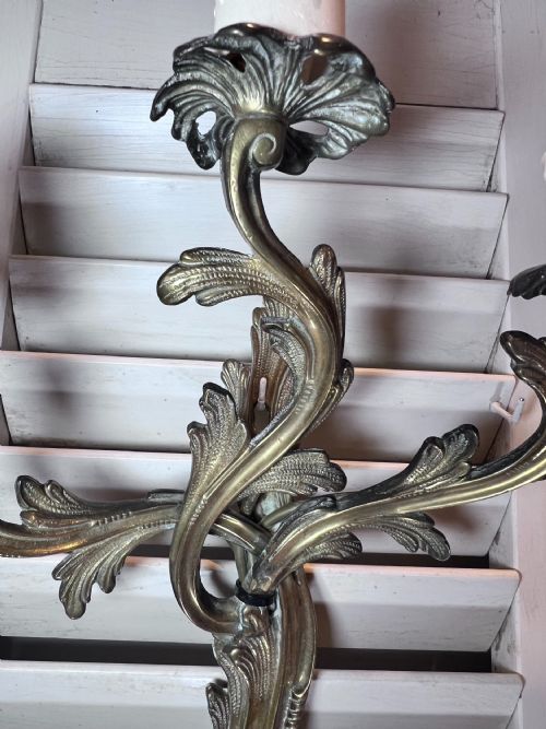 TWO FRENCH TRIPLE ARM GILDED ANTIQUE BRASS WALL LIGHTS - ADDITIONAL PHOTO 6