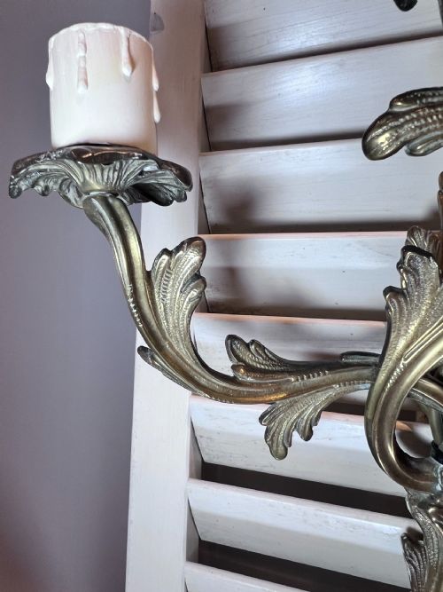 TWO FRENCH TRIPLE ARM GILDED ANTIQUE BRASS WALL LIGHTS - ADDITIONAL PHOTO 8