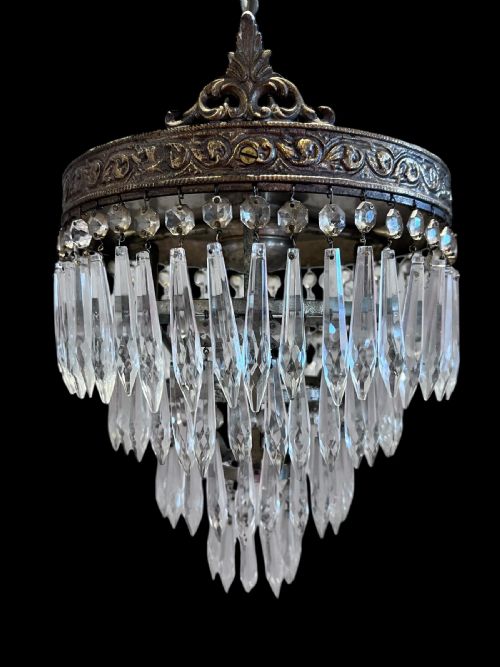 ANTIQUE SINGLE LIGHT FRENCH WATERFALL PLAFONIERE CRYSTAL CHANDELIER