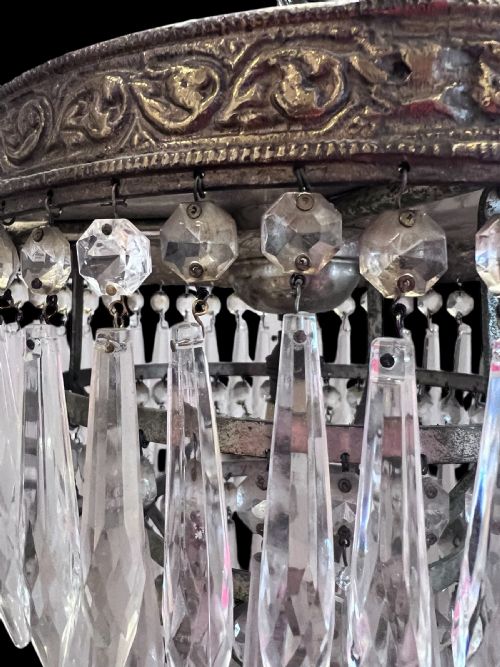 ANTIQUE SINGLE LIGHT FRENCH WATERFALL PLAFONIERE CRYSTAL CHANDELIER - ADDITIONAL PHOTO 2