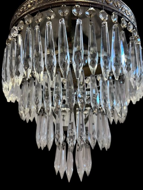ANTIQUE SINGLE LIGHT FRENCH WATERFALL PLAFONIERE CRYSTAL CHANDELIER - ADDITIONAL PHOTO 4