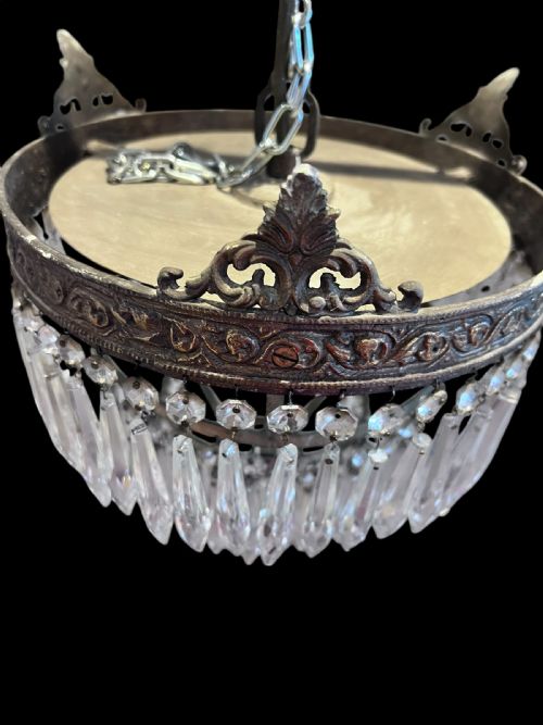 ANTIQUE SINGLE LIGHT FRENCH WATERFALL PLAFONIERE CRYSTAL CHANDELIER - ADDITIONAL PHOTO 7