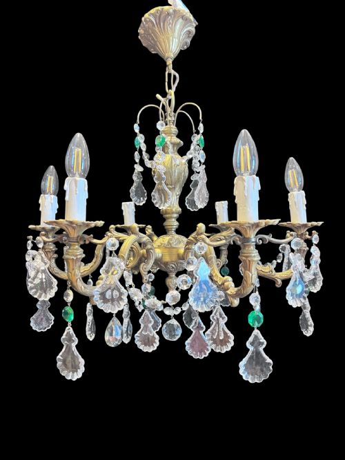 FRENCH BRASS AND CRYSTAL 6 LIGHT ANTIQUE CHANDELIER WITH COLOURED CRYSTALS