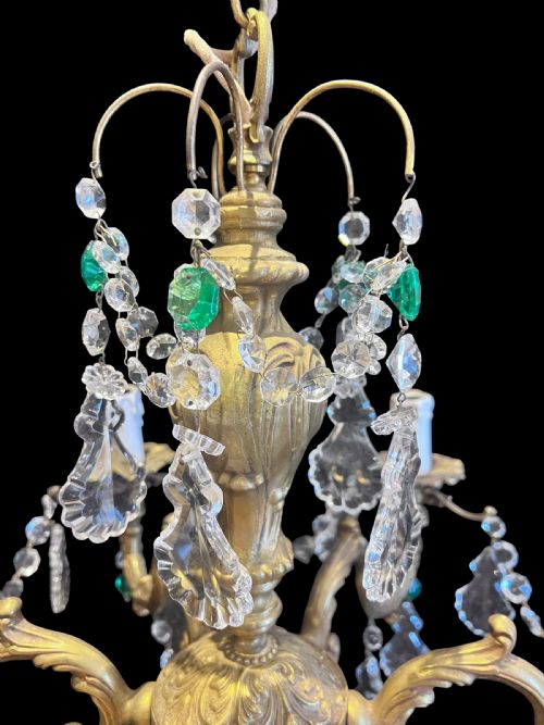FRENCH BRASS AND CRYSTAL 6 LIGHT ANTIQUE CHANDELIER WITH COLOURED CRYSTALS - ADDITIONAL PHOTO 1