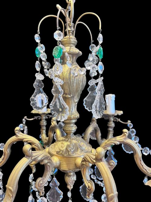 FRENCH BRASS AND CRYSTAL 6 LIGHT ANTIQUE CHANDELIER WITH COLOURED CRYSTALS - ADDITIONAL PHOTO 2