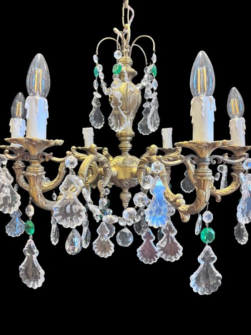 FRENCH BRASS AND CRYSTAL 6 LIGHT ANTIQUE CHANDELIER WITH COLOURED CRYSTALS - ADDITIONAL PHOTO 3