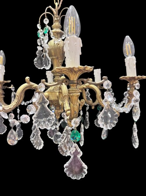 FRENCH BRASS AND CRYSTAL 6 LIGHT ANTIQUE CHANDELIER WITH COLOURED CRYSTALS - ADDITIONAL PHOTO 4