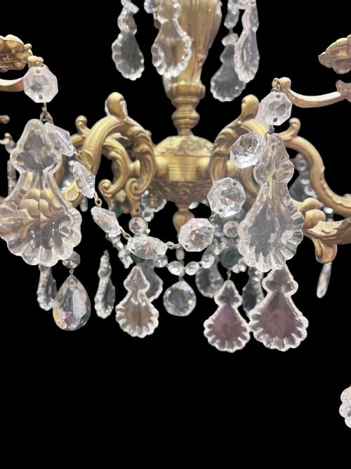 FRENCH BRASS AND CRYSTAL 6 LIGHT ANTIQUE CHANDELIER WITH COLOURED CRYSTALS - ADDITIONAL PHOTO 5