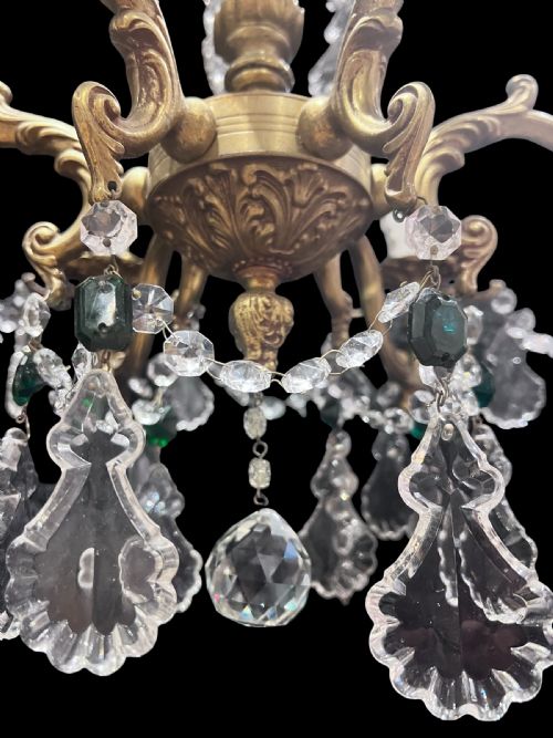 FRENCH BRASS AND CRYSTAL 6 LIGHT ANTIQUE CHANDELIER WITH COLOURED CRYSTALS - ADDITIONAL PHOTO 6