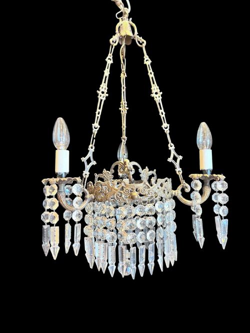 ANTIQUE FRENCH ART NOUVEAU THREELIGHT BRASS CHANDELIER