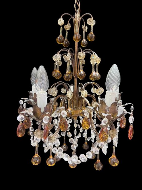 FIVE LIGHT ITALIAN ANTIQUE CHANDELIER WITH COLOURED CRYSTALS C1910