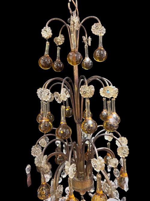 FIVE LIGHT ITALIAN ANTIQUE CHANDELIER WITH COLOURED CRYSTALS C1910 - ADDITIONAL PHOTO 2