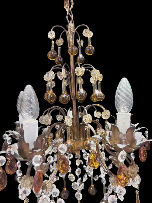 FIVE LIGHT ITALIAN ANTIQUE CHANDELIER WITH COLOURED CRYSTALS C1910 - ADDITIONAL PHOTO 3