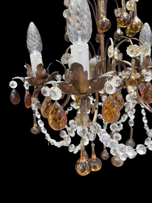 FIVE LIGHT ITALIAN ANTIQUE CHANDELIER WITH COLOURED CRYSTALS C1910 - ADDITIONAL PHOTO 4