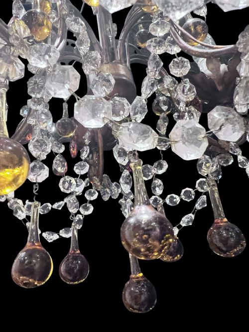 FIVE LIGHT ITALIAN ANTIQUE CHANDELIER WITH COLOURED CRYSTALS C1910 - ADDITIONAL PHOTO 6