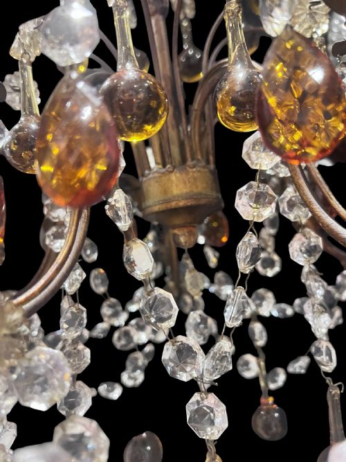 FIVE LIGHT ITALIAN ANTIQUE CHANDELIER WITH COLOURED CRYSTALS C1910 - ADDITIONAL PHOTO 7