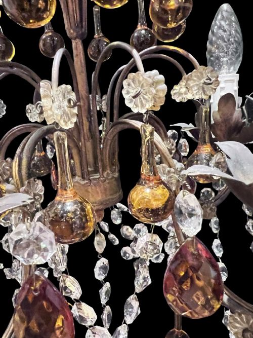 FIVE LIGHT ITALIAN ANTIQUE CHANDELIER WITH COLOURED CRYSTALS C1910 - ADDITIONAL PHOTO 8