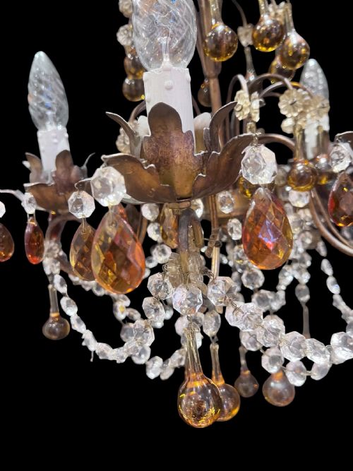 FIVE LIGHT ITALIAN ANTIQUE CHANDELIER WITH COLOURED CRYSTALS C1910 - ADDITIONAL PHOTO 9