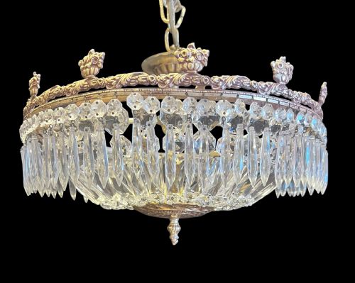 Four Light Brass and Crystal French Antique Plafoniere