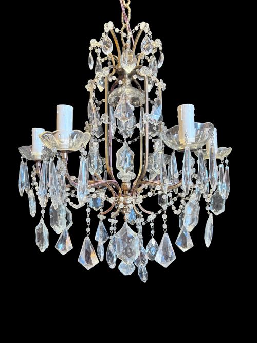 Six Light French Antique Brass and Crystal Chandelier