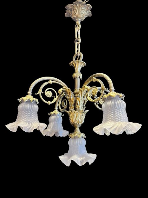 A French Brass Four Light Downlight Pendant Antique Chandelier