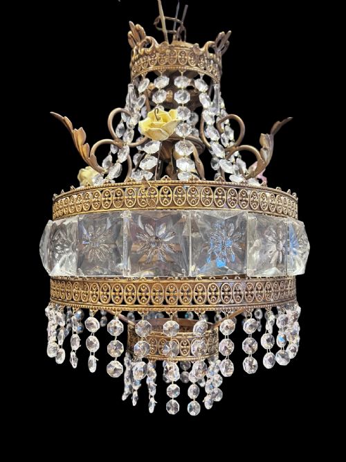 A Three Light Italian Antique Chandelier with Porcelain Flowers