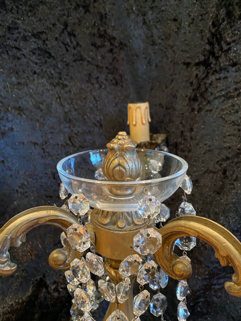 A pair of French gilt brass three-light candelabra table lamps adorned with hanging clear crystal prisms and beads. View IV