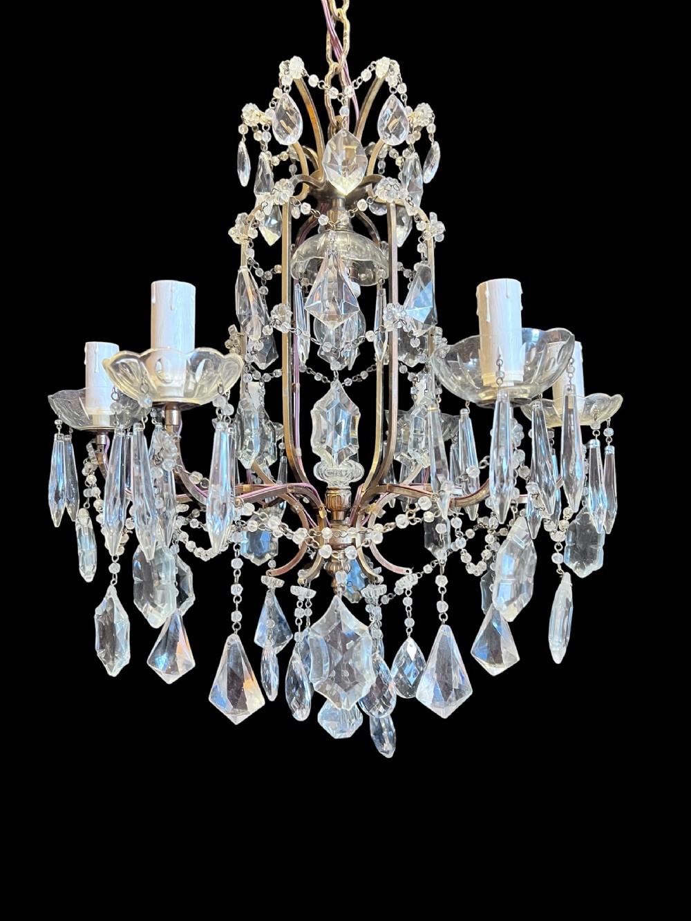 Six Light French Antique Brass and Crystal Chandelier