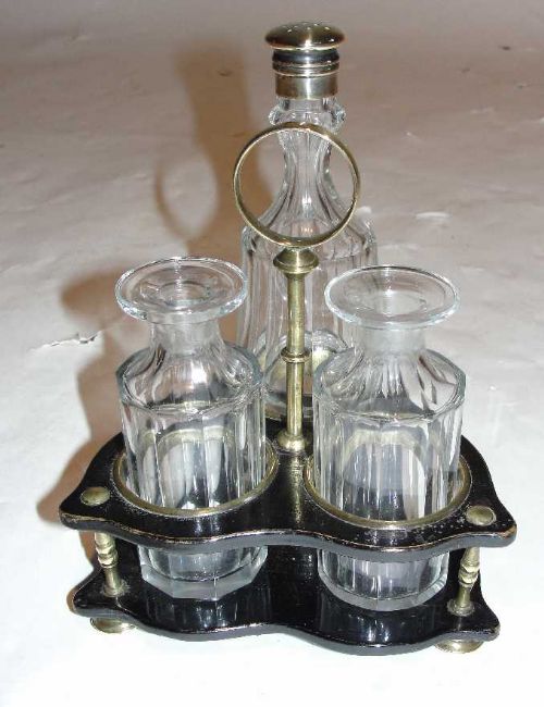 Regency Papier Mache Cruet Stand, Glass Bottles. Circa 1820