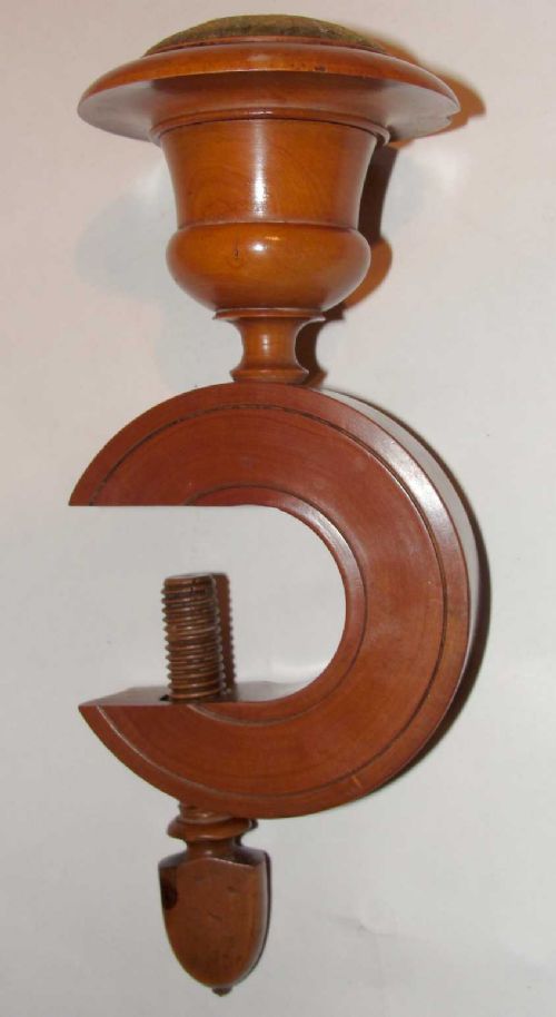 Victorian Turned Fruitwood Clamp Pin Cushion. Circa 1860