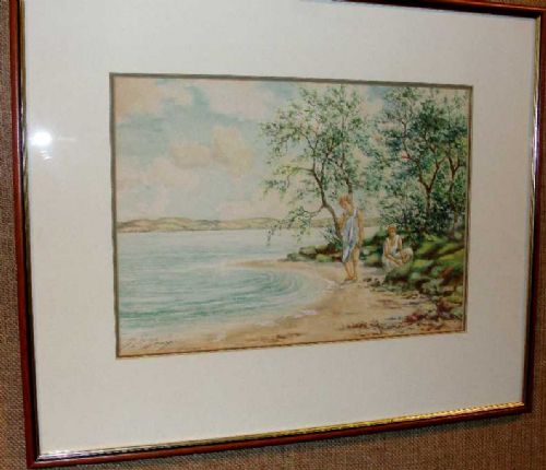 Watercolour 'Children on Beach' by J.c.gray. Circa 1925