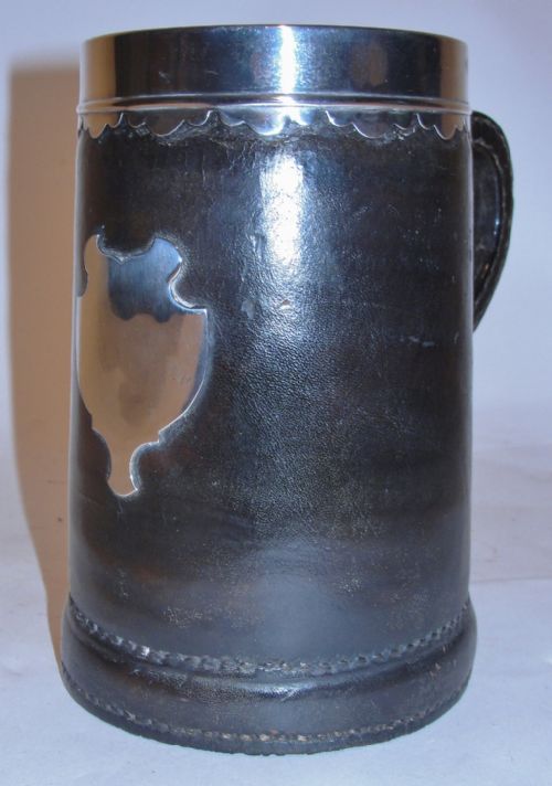 Antique Silver Mounted Leather Tankard. Circa 1875