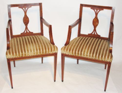Pair Edwardian Inlaid Satinwood Elbow Chairs. Circa 1900