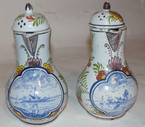 Pair 18th. Century Dutch Delft Lidded Jugs. Circa 1710