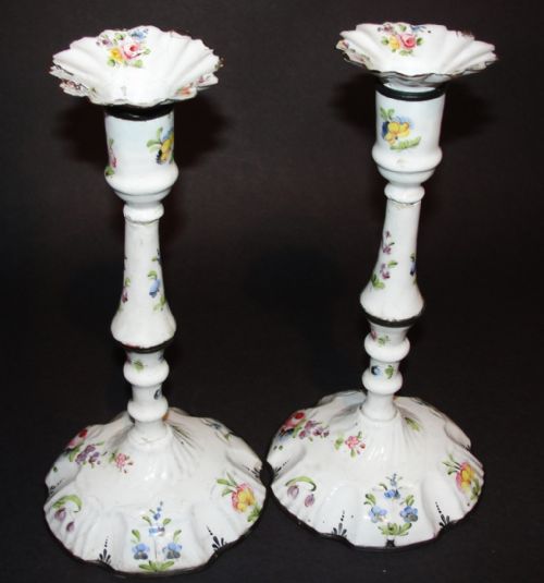 Pair Georgian Battersea Enamel Candlestick. Circa 1770