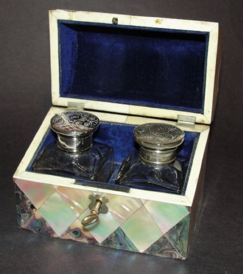 Victorian Mother of Pearl and Abalone Bottle Box. Dated 1867