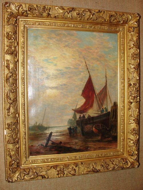 Victorian Oil on Canvas 'Fishing Boats in Harbour'. Circa 1890