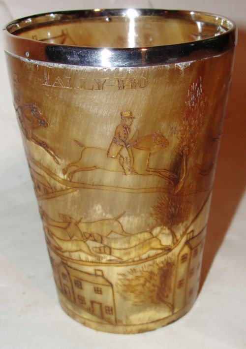 Georgian Horn Beaker Decorated with Hunting Scene. Circa 1820