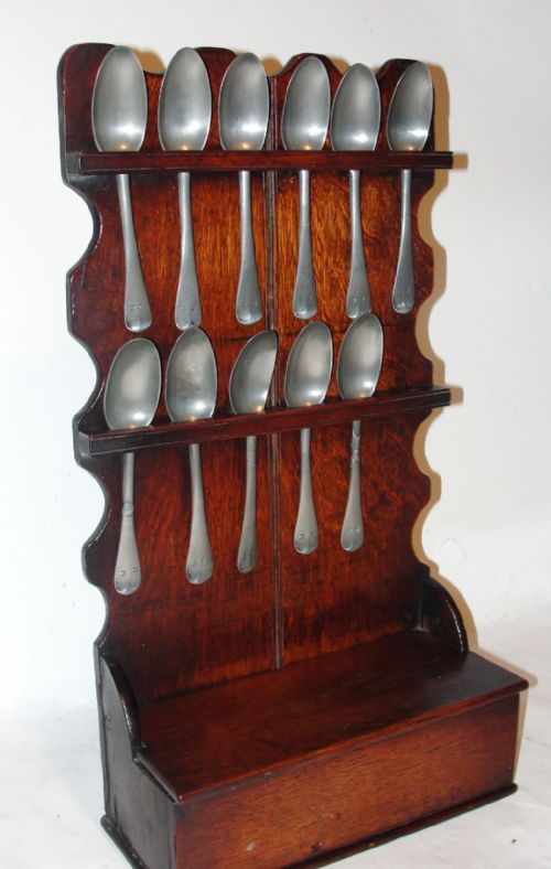 Georgian Oak Spoon Rack and Pewter Spoons. Circa 1770