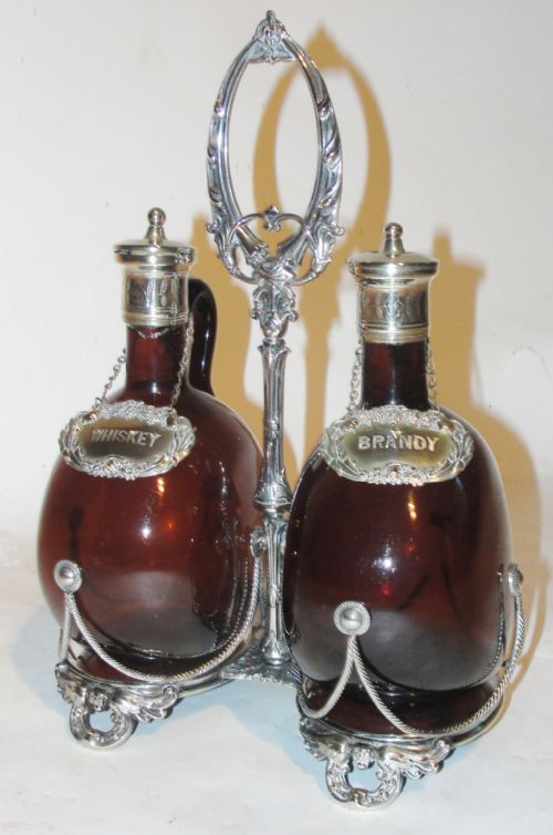 Victorian Silver Plated Spirit Decanter with Amber Bottles. Circa 1860