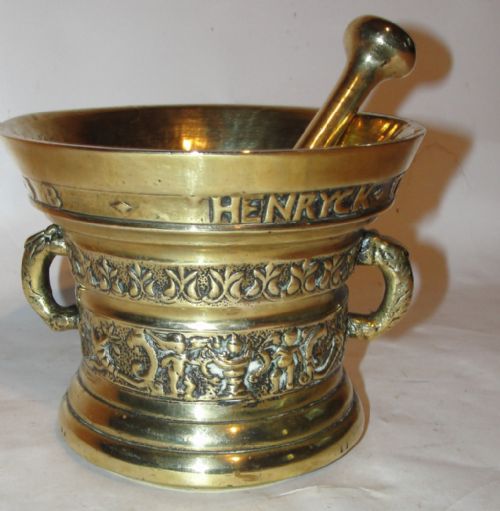 Early Polished Bronze Pestle and Mortar. 1638 Dated