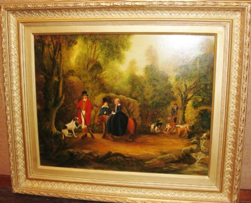 Victorian Primitive Oil on Canvas 'Hunting Party' Circa 1890