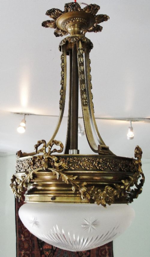 Edwardian Brass Ceiling Light with Cut Glass Bowl. Circa 1910