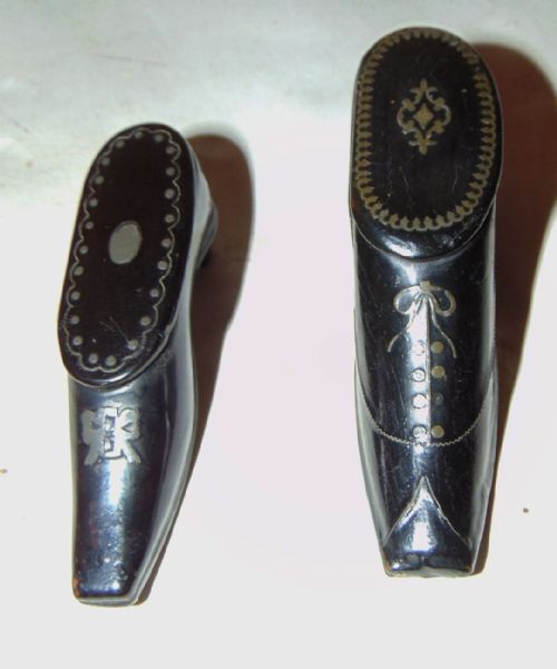 Two Victorian Papier Mache Snuff Shoes. Circa 1850