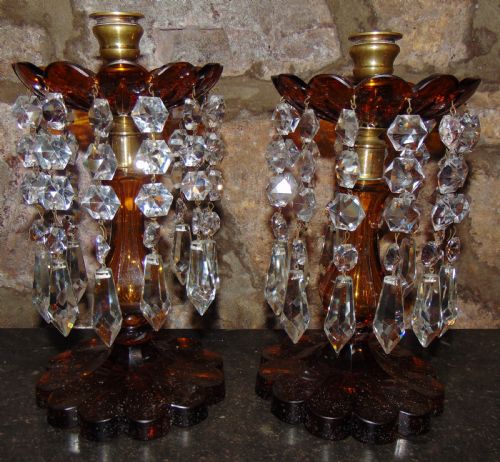 Pair Victorian Amber Glass Lustres. Circa 1870