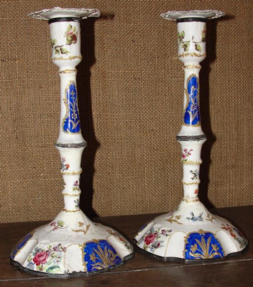 Pair Georgian Battersea Enamel Candlesticks. Circa 1770