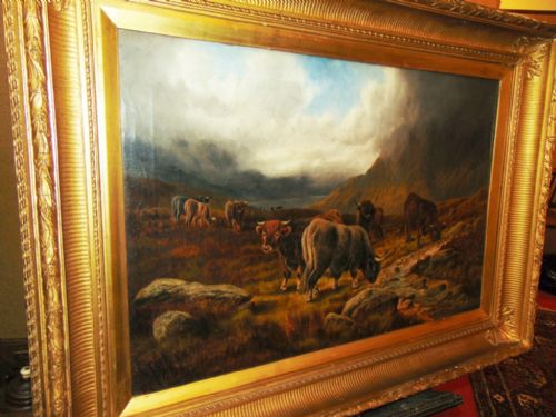 Large Victorian Oil on Canvas 'Highland Cattle' by W.p.hollyer. Circa 1890